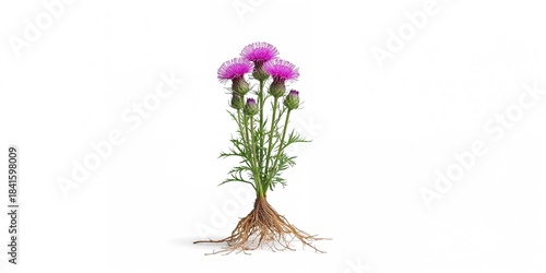 Close-up of burdock flowers on a white backdrop used for educational botanical illustrations