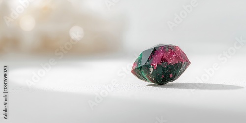 Close-up of a vibrant green ruby zoisite gemstone on a white surface, mineral textures, Earth Day