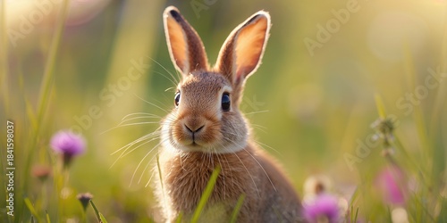 Close up of a small rabbit sitting in grass, highlighting outdoor nature photography