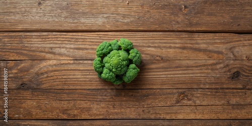 Uncooked organic broccoli florets on a wood panel, suitable for healthy food preparation or meal prep, Earth Day