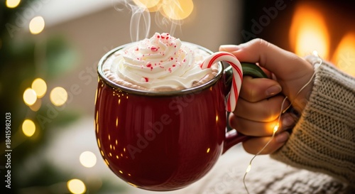 Cozy Holiday Drink with Whipped Cream and Candy Cane Decoration