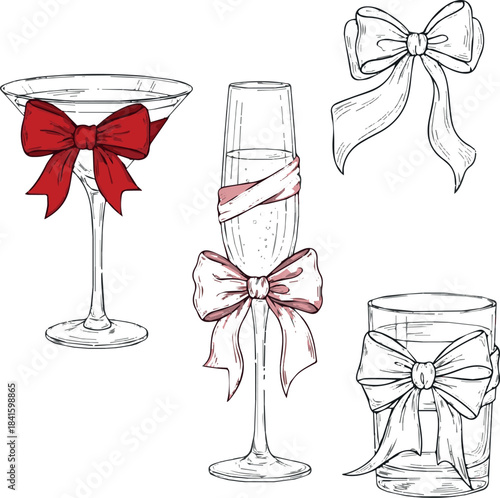 Christmas cocktails with bows hand drawn set. Coquette holiday aesthetic glasses with ribbon and bow in sketch style. Xmas elegant martini, champagne. Doodle line art vector illustration on white back