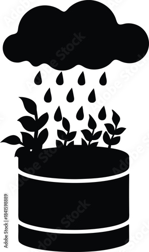 Black silhouette shows a cloud raining down water onto small plants growing in a database server symbol