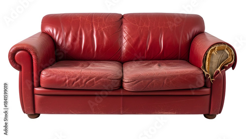 An old and dirty red leather couch with a broken arm, isolated on white or transparent background. PNG