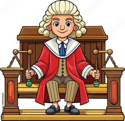 Judge sitting on bench cartoon vector illustration, courtroom character for legal education, law firm branding, justice posters, kids learning materials, editable EPS artwork for print and web.