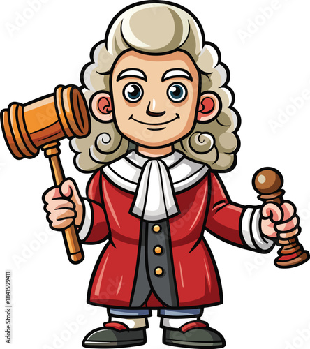 Lawyer holding gavel cartoon vector illustration, legal professional character for law firm branding, justice posters, education materials, courtroom graphics, editable EPS design for print and web.
