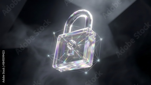 Digital security system concept with glowing glass padlock