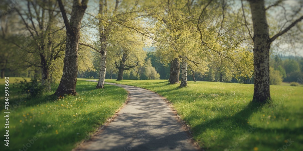 Naklejka premium A scenic spring landscape featuring a bicycle path, serving as a route for outdoor exercise and movement