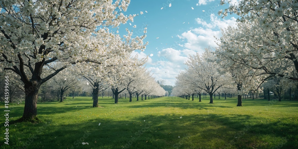 Fototapeta premium White apple and fruit trees in full bloom during spring in a colorful park scene with bright sunlight, celebrating natures cycle