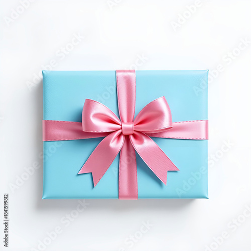 Sky blue gift card decorated with pink satin bow, gentle Valentine mood.