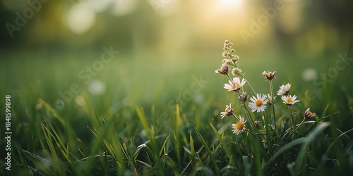 Close-up of grass and wildflowers in a natural setting, seasonal plant growth