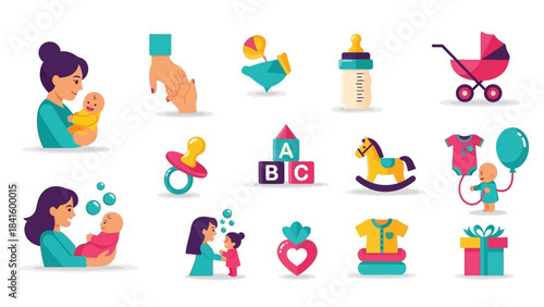 Collection of baby care and childhood icons and illustrations.