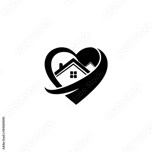 Simple black and white logo design of a house nestled within a heart symbol isolated on transparent background