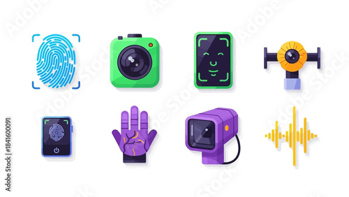 Collection of biometric security and surveillance technology icons.
