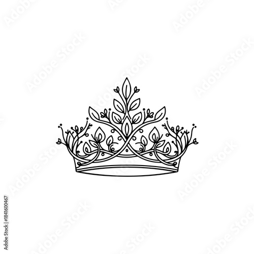 Beautiful ornate floral crown line art illustration for a princess or queen coloring page isolated on transparent background