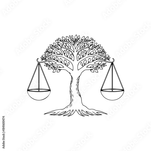 A detailed illustration of a tree incorporating the scales of justice in a black and white design isolated on transparent background