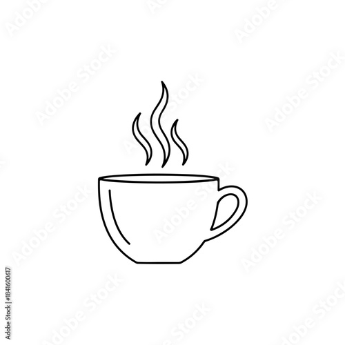 A simple black and white line art drawing of a hot beverage mug with steam isolated on transparent background