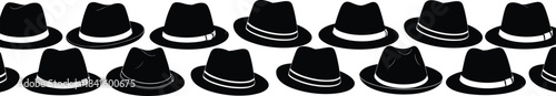 Black Fedora Hat Silhouette Seamless Border, Continuous Horizontal Repeat Pattern of Gentleman's Headwear, Flat Vector Illustration Drawing for Fashion or Textile Design