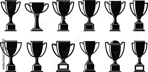 Black Trophy Silhouette Collection, Set of Twelve Different Award Cups, Flat Vector Illustration Drawing for Sport, Success, Prize, or Competition Graphic Design Elements