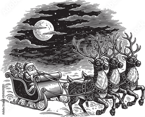 A cheerful holiday figure guiding his sleigh, pulled by three magnificent reindeer, across the moonlit night sky, bringing presents and joy