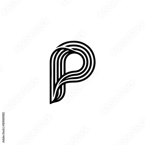 Abstract black and white letter p logo design with flowing lines on white background isolated on transparent background