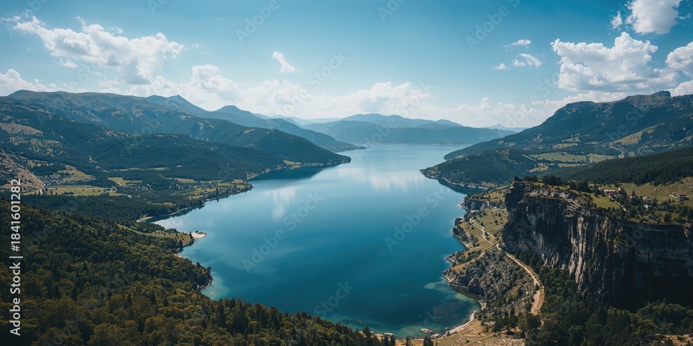 Obraz premium Bird's-eye perspective of a tranquil valley nestled in mountains with a prominent lake in northern Spain, highlighting untouched nature