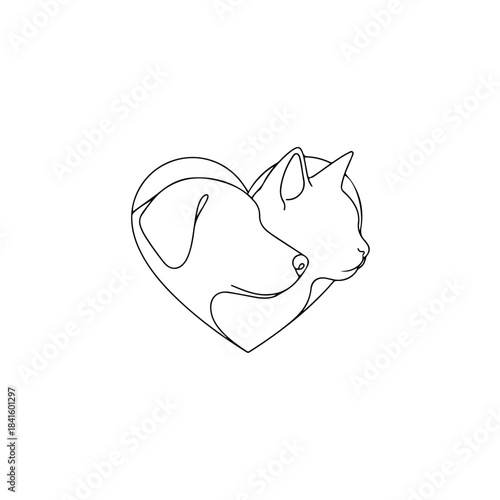 A heartwarming minimalist one-line illustration depicting a dog and cat forming a heart silhouette. isolated on transparent background