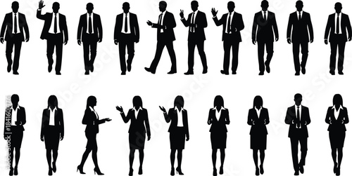 Black business people silhouettes collection, men and women in suits walking, standing, gesturing, and posing, professional male and female office workers set