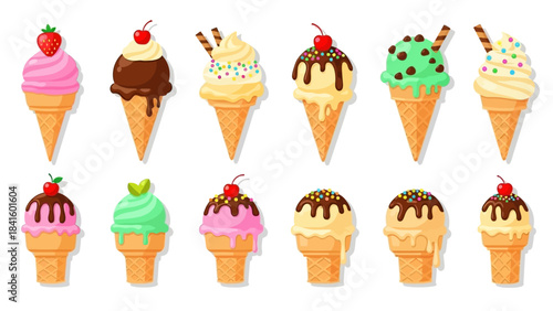 Collection of colorful ice cream cones with various toppings and flavors.