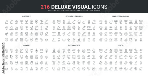 Healthy and fast food of cafe and grocery store, sweets of bakery line icon set. Online shopping and ecommerce, kitchen utensils and electrical appliances thin black outline symbol vector illustration