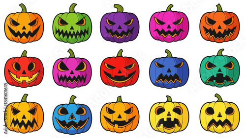 Collection of Colorful Jack-o-Lanterns for Halloween Celebration.