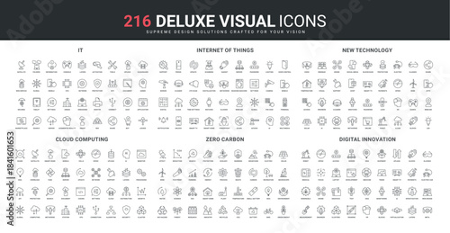 Information technology, Internet of Things, innovation line icon set. Carbon net zero ESG and eco sustainable energy, update, data upload and coding thin black outline symbols vector illustration