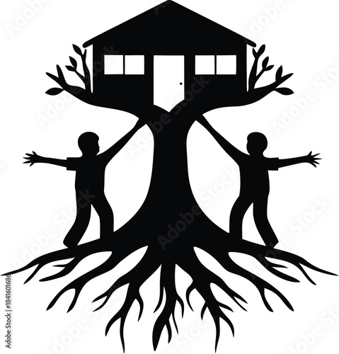 Children supporting their childhood treehouse built on strong foundational roots