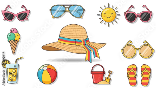 Collection of colorful summer vacation essentials and beach accessories.