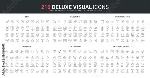 Internet security and danger of hacker attack, web service line icon set. Copywriting, article writing and blog posts by author, portfolio copyright thin black outline symbols vector illustration