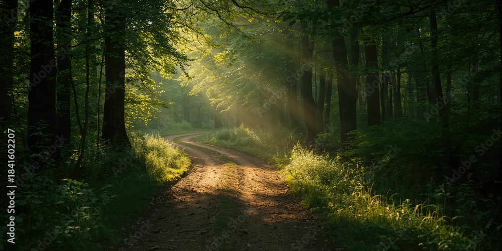Obraz premium Dirt road winding through a morning forest with warm sunlight, seasonal change and natural preservation