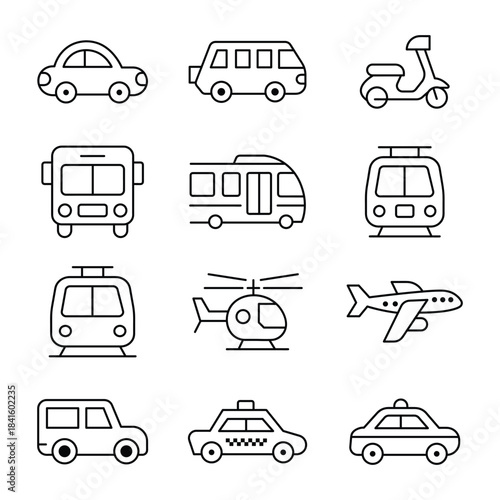 A collection of simple outline icons for various modes of transportation
