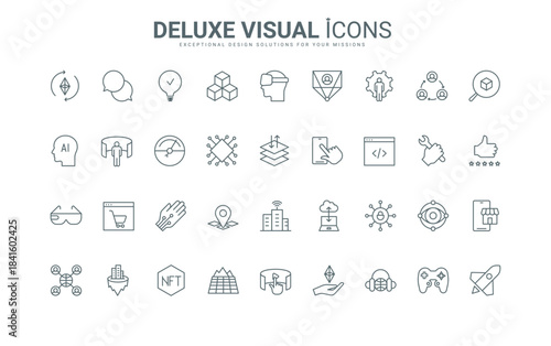 VR glasses for meta world simulation and game, innovation and support in virtual experience, NFT marketplace thin black and red symbols vector illustration. Metaverse, future technology line icons set