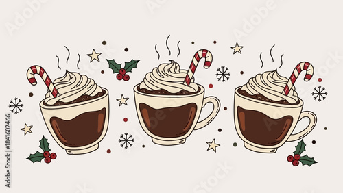 Three festive holiday cups of hot chocolate with whipped cream and candy canes on a white background with holly and snowflakes