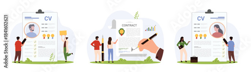 Search for candidate for vacancy and recruiting set. Tiny people research professional CV with portrait of man and woman, recruit and sign contract of staff employment cartoon vector illustration