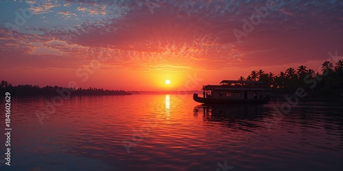 Sunset casting warm light on Keralas backwaters, highlighting natural waterway scenery, World Environment Day
