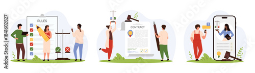 Law firm service and advices set. Tiny people holding scales and pen to sign contract, study list of rules, online consultation with professional lawyer via mobile app cartoon vector illustration