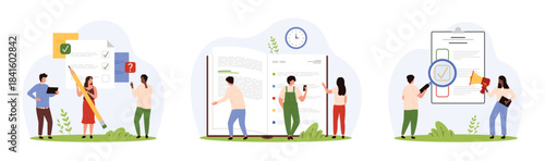 Survey list, notes and document review service set. Tiny people check paper form on clipboard with magnifying glass, inspect checkboxes in checklist, plan solutions cartoon vector illustration
