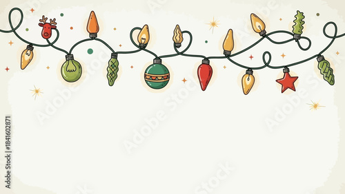 Colorful christmas lights with bulbs and decorations on a string against a white background with sparkles