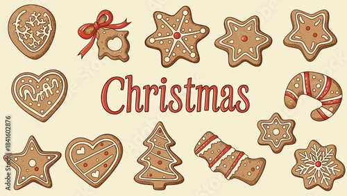 Christmas cookies on a beige background with red and white icing decorations and candy canes and trees and stars and hearts