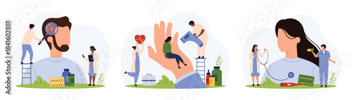 Medical examination for colds and flu set. Tiny people check headache with magnifying glass and pulse of man with stethoscope, doctors measure body temperature of woman cartoon vector illustration