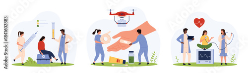 First aid set. Tiny people healing wound on skin of injured hand with elastic bandage, check heart health with stethoscope and ECG machine, immunization of patient cartoon vector illustration