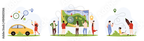 GPS navigation for travel and delivery set. Tiny people search destination point and direction on paper city map, mark local road for car with location pin and marker cartoon vector illustration