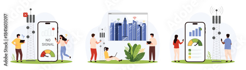 No signal, fast wireless internet connection set. Tiny people connect to telecommunication tower with antenna in tech city, check wifi speed on mobile speedometer app cartoon vector illustration