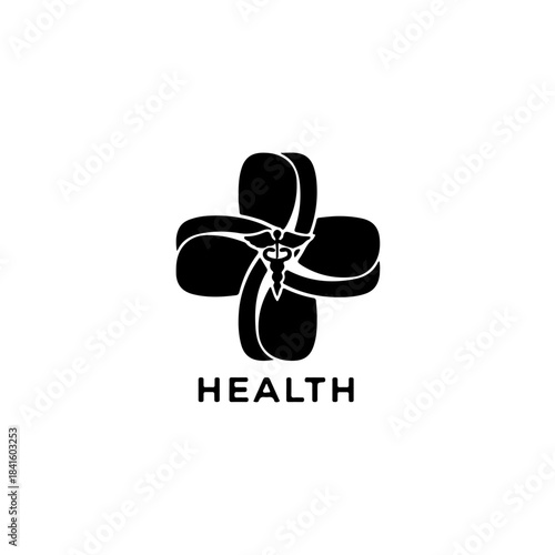A stylized black and white logo featuring a medical caduceus inside a cross shape with the word health. isolated on transparent background